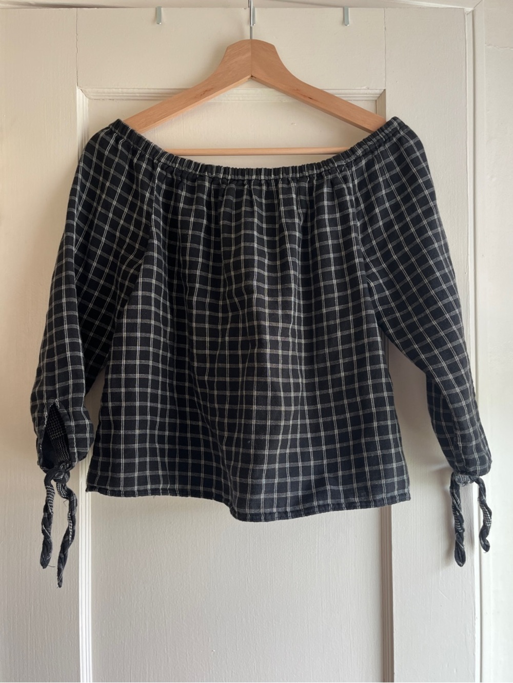 Madewell Black Plaid Off-Shoulder Blouse